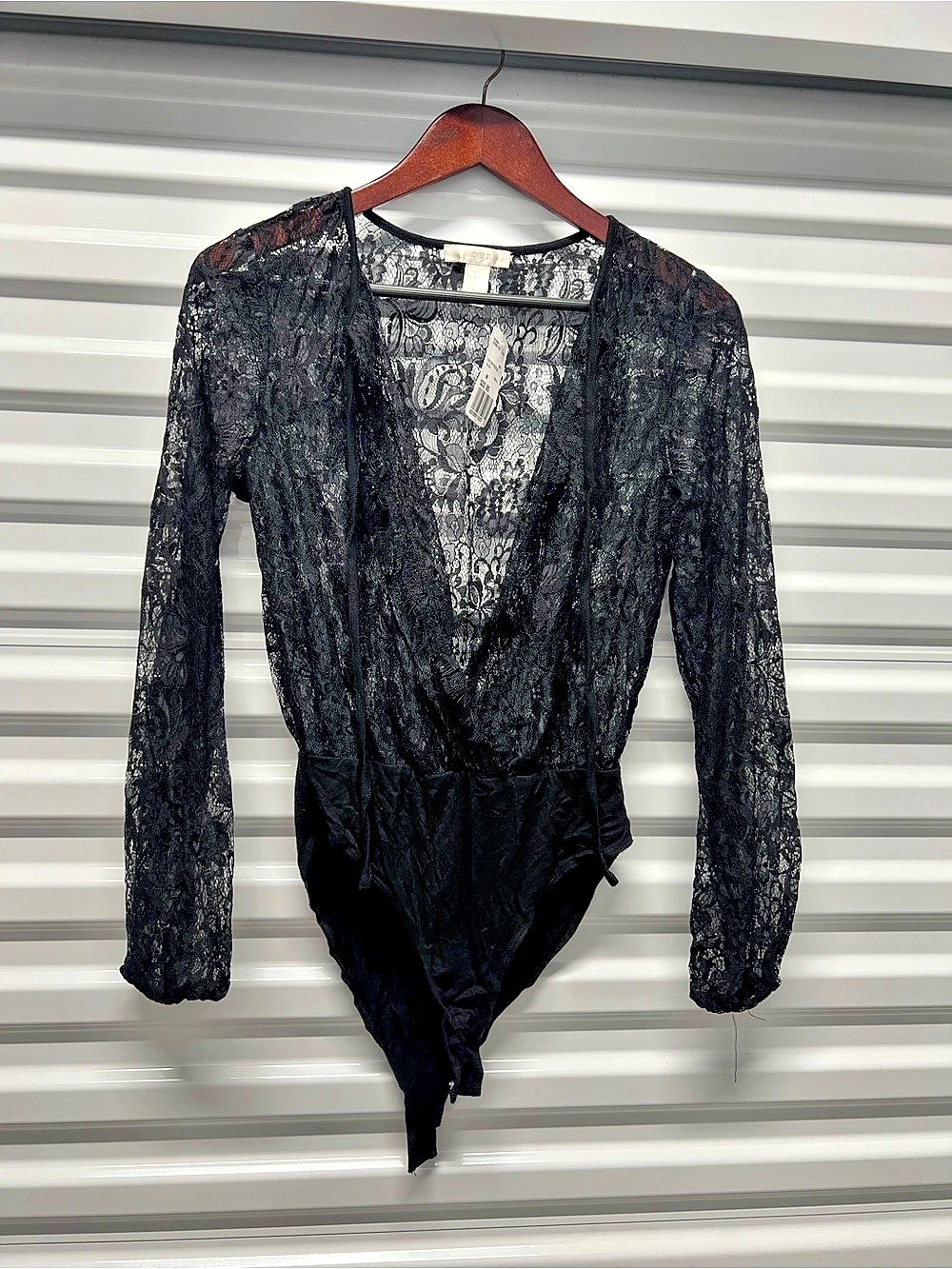 Forever 21 Black Lace Long Sleeve Bodysuit Black Size Medium